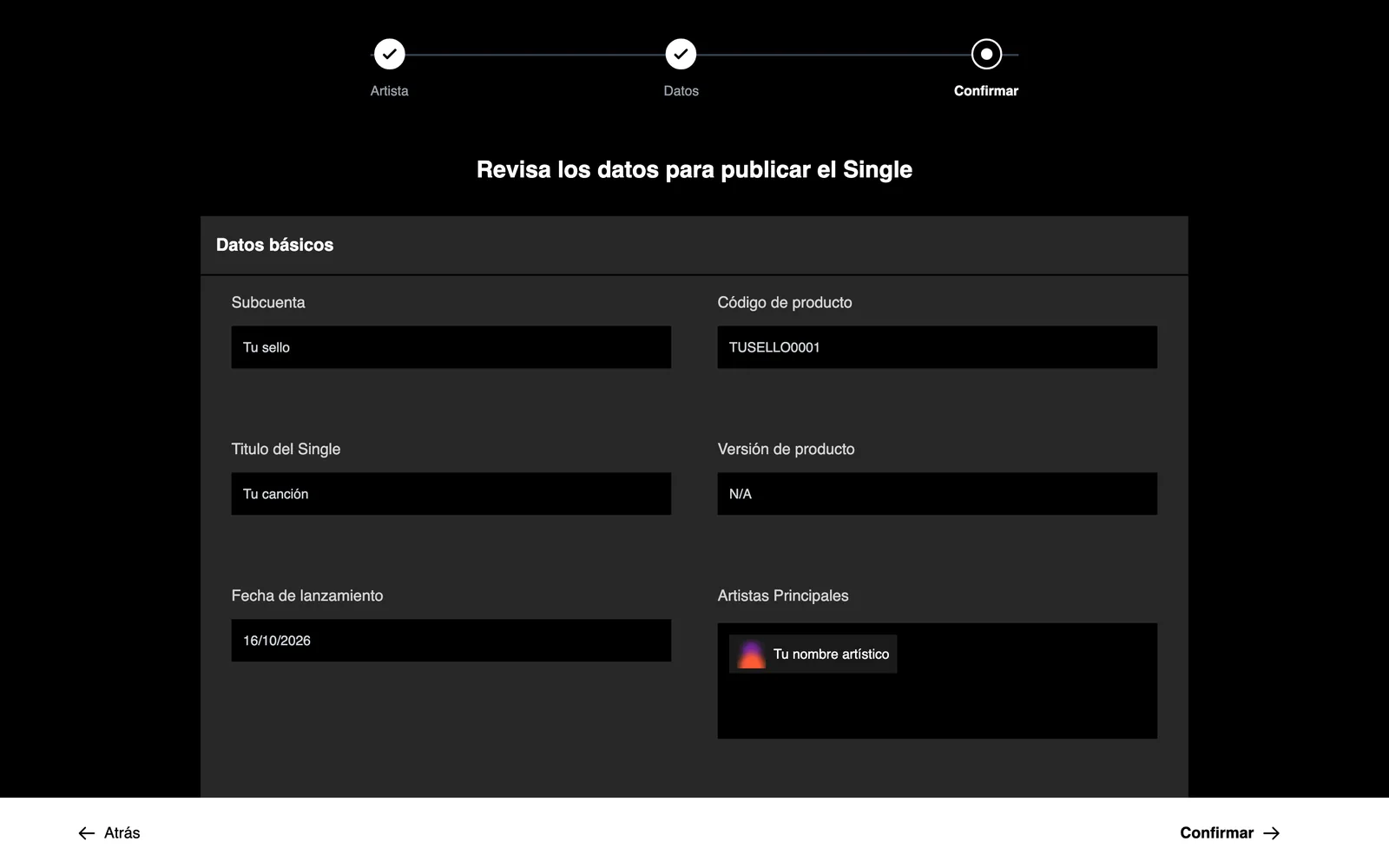 Paso de confirmación del lanzamiento exprés con el resumen antes de enviarlo