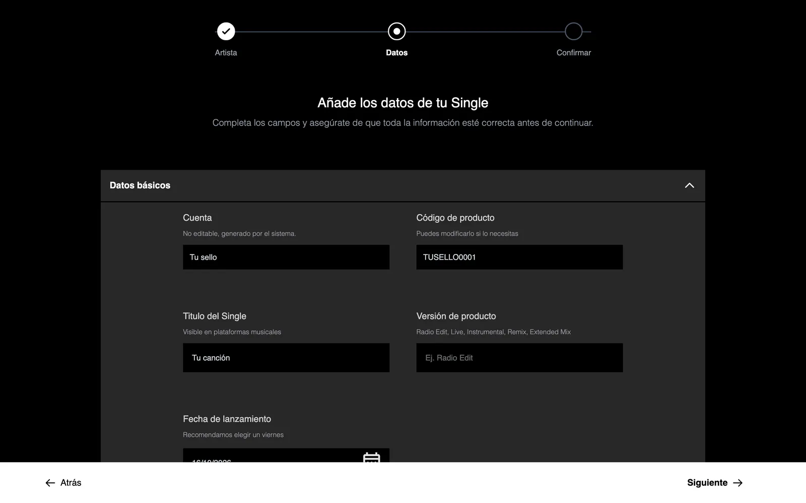 Paso de datos del lanzamiento exprés en Workstation: título, portada, audio y créditos