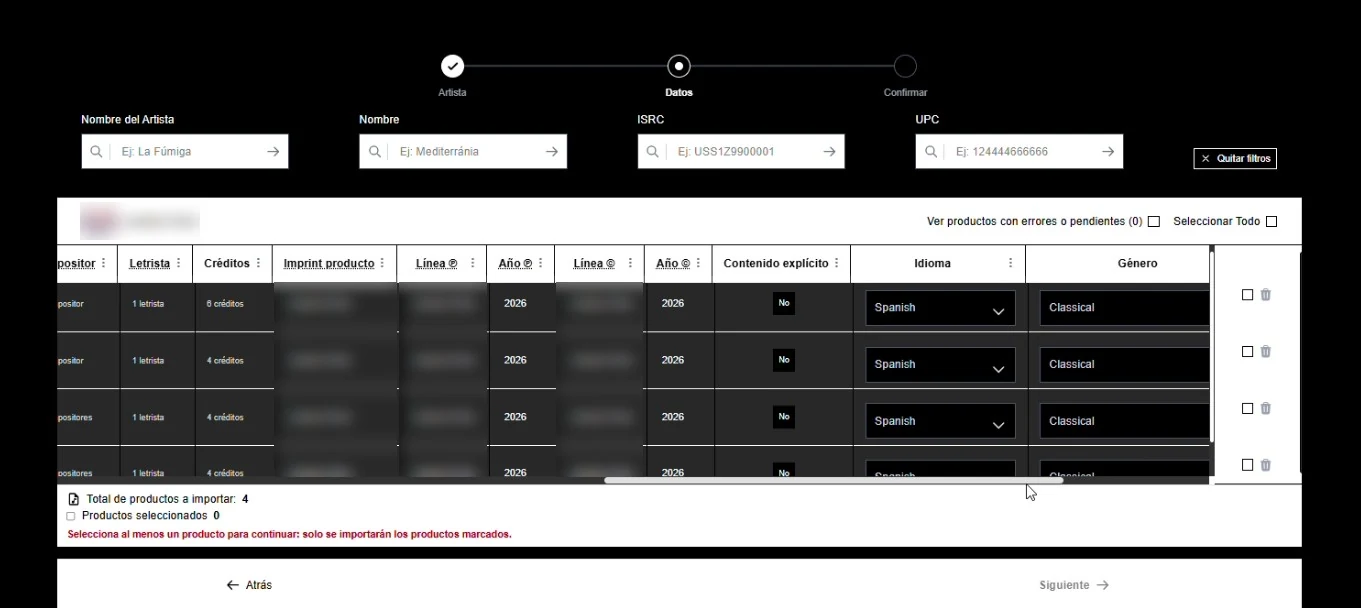 Musicadders Choice™: créditos, sello y líneas de derechos de cada producto, con los datos difuminados