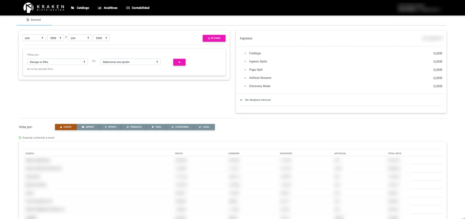 Contabilidad de Kraken Distribución, con las cuentas y los importes difuminados