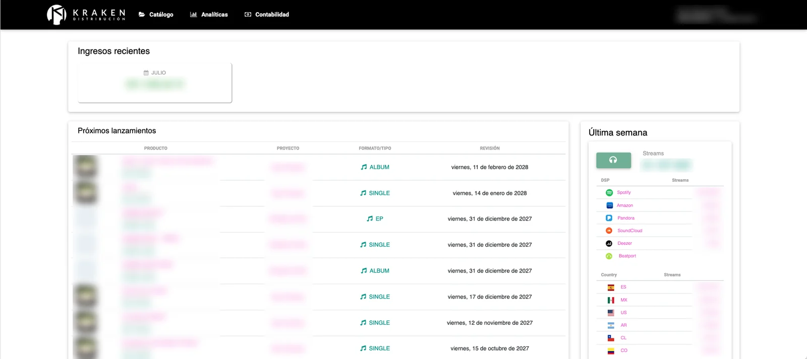 Panel de inicio de la plataforma de Kraken Distribución, con los datos de la cuenta difuminados
